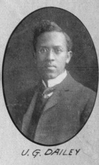 Black and white portrait photograph of Ulysses Dailey, dressed in a fine suit and wearing glasses, taken in 1906 when he graduated from medical school. Captioned, "U.G. Dailey."