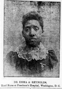 Grainy black and white portrait photograph of Emma Reynolds, dressed in a black dress with white lace collar. Newspaper caption reads, "Dr. Emma A. Reynolds, Head Nurse at Freedmen's Hospital, Washington, D.C."