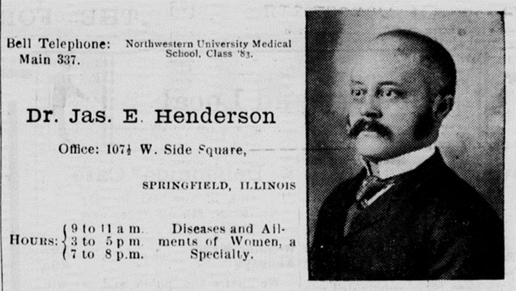 Newspaper advertisement for Henderson's practice, with telephone number and address, and a portrait of Henderson.