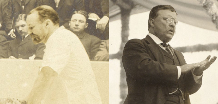Side-by-side photos of John Benjamin Murphy (left) and Theodore Roosevelt (right), the former doing a medical demonstration and the latter speaking publicly