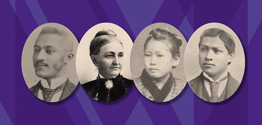 Portraits of alumni Austin Curtis, Yasu Hishikawa, Mary Harris Thompson, Yasu Hishikawa and Carlo Montezuma on a purple background