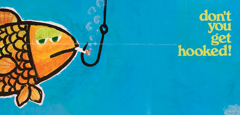 An illustrated goldfish smokes a cigarette with a hook stuck through it.