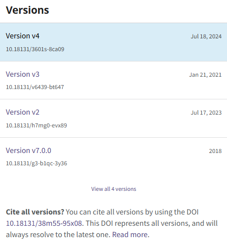screenshot displaying version history with the same doi 