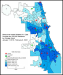 Map of 911 Behavioral Health Call Rates by Ward, with Chicago Department of Public Health Mental Health Center Overlay, 2022. Via Collaborative for Community Wellness.