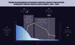 Visualization illustrating the decline in psychiatric hospital capacity in the U.S. and the concurrent fluctuation in community mental health clinics in Chicago over the last 75 years.
