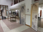 Row of banners featuring "Shakespeare" exhibit in hallway at Galter Health Sciences Library