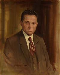 Oil portrait of Theodore K. Lawless, MD in brown tones, wearing a brown suit and vest and a red patterned tie.