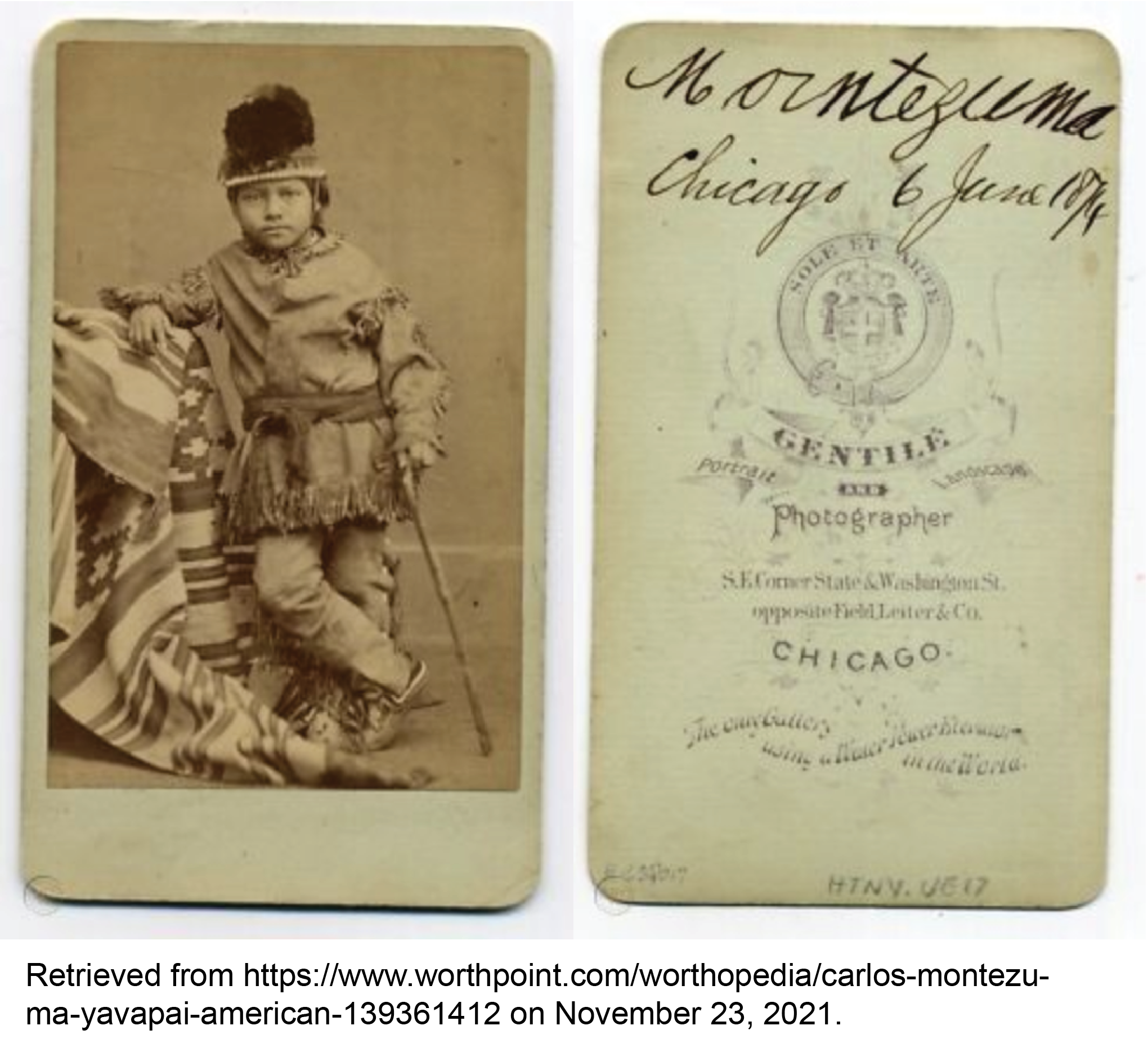 Young boy in fringed Native American clothing, moccassins, and hat, leaning on a support covered in a Native blanket. Handwriting on reverse side reads: "Montezuma Chicago 6 June 1874" above Carlo Gentile's cartouche.